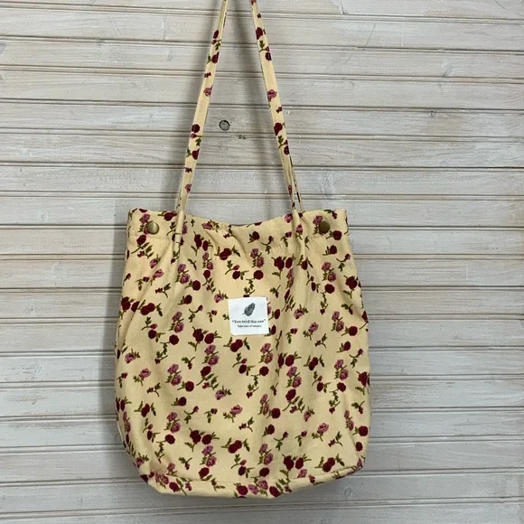 Lightweight Creamy Gold & Pink Floral Corduroy Tote Bag - Picture 1 of 10